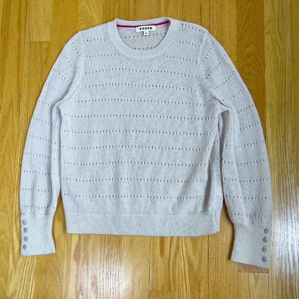 Boden Sweater Wool Mohair Crew Neck Gem Cuff Buttons Beige (L) - Picture 5 of 8